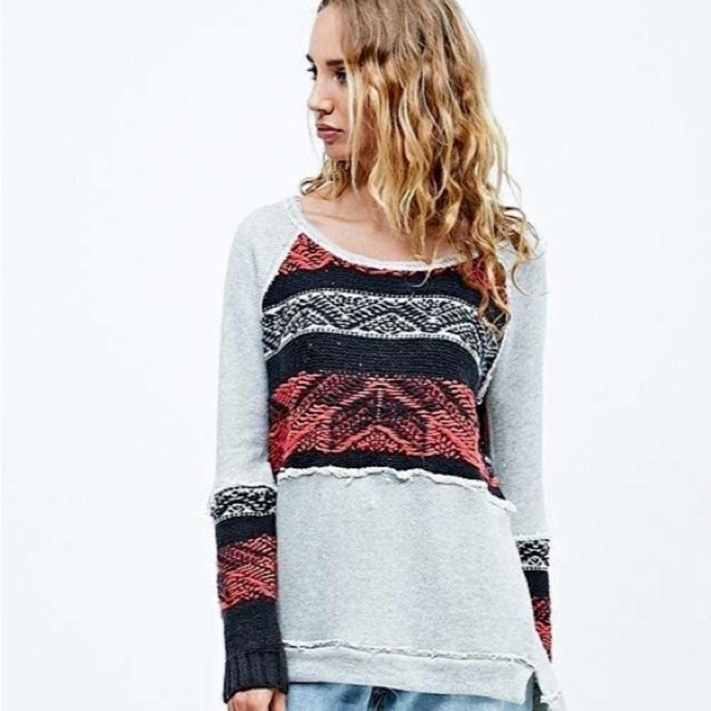 Free People Distressed Knit Pullover Sweater Gray Red Black Size Small